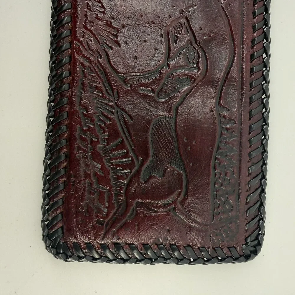 Vintage Hand Tooled Leather Billfold Wallet hunting dog bunny rabbit trifold